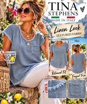 Tina Stephens Made in Italy Blue Frayed Raw Edge Pocket Tunic Top Womens